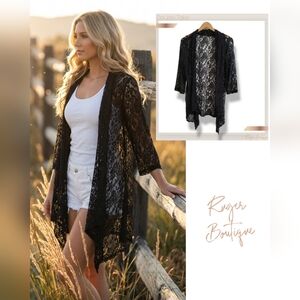 🌿Double Take Black Sheer Lace Cardigan Open Front 3/4 Sleeve Med/Lg Like New